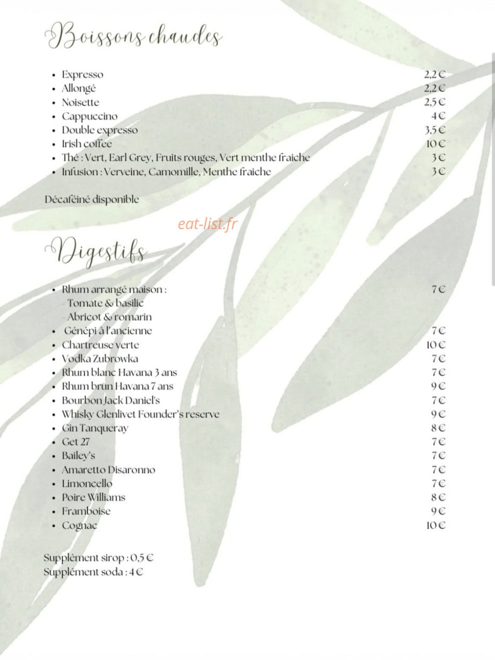 Carte et menu de Le Redon à Margencel — Boissons chaudes, digestifs