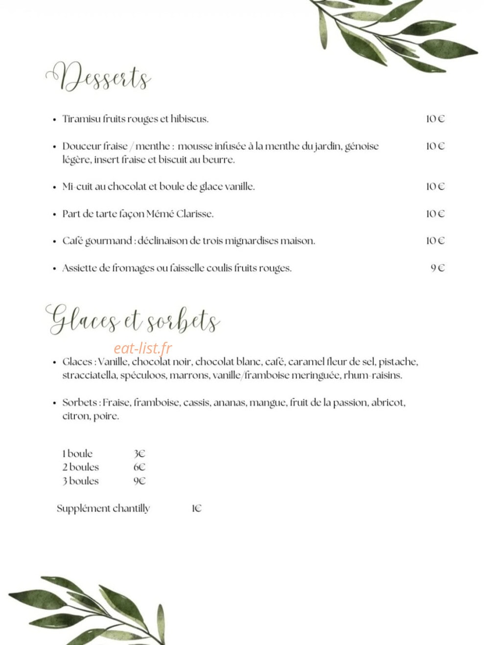 Carte et menu de Le Redon à Margencel — Desserts, glaces et sorbets