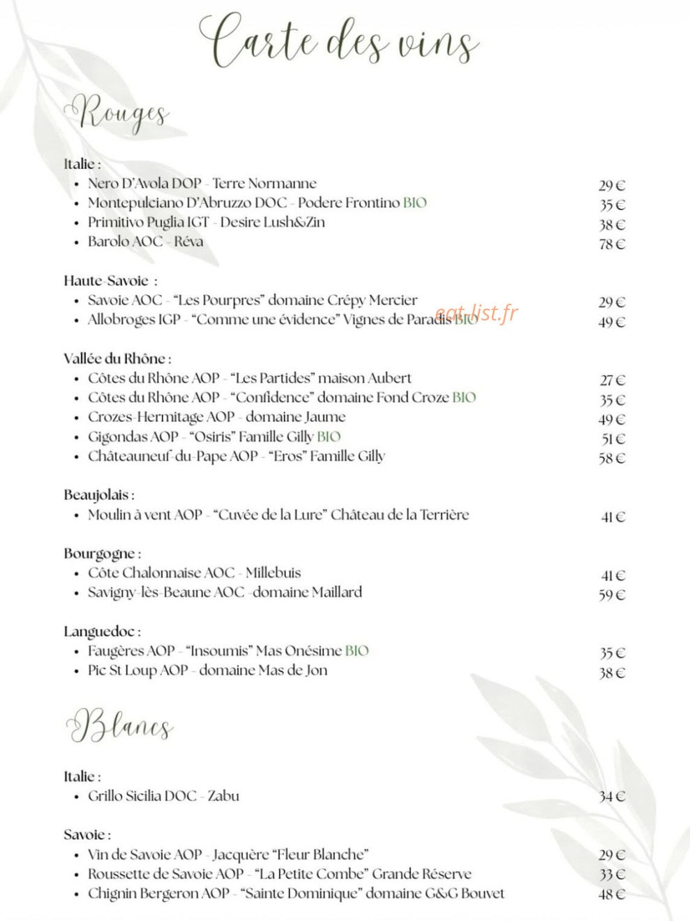 Carte et menu de Le Redon à Margencel — Les vins