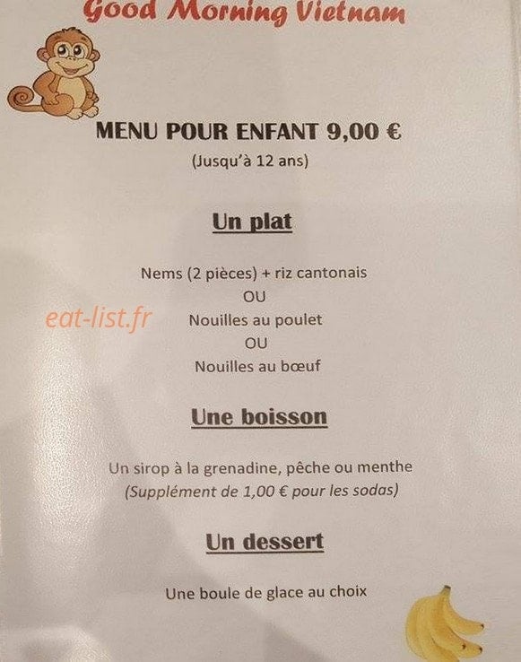 Carte et menu de Good Morning Vietnam à Thonon les Bains — Le menu enfant