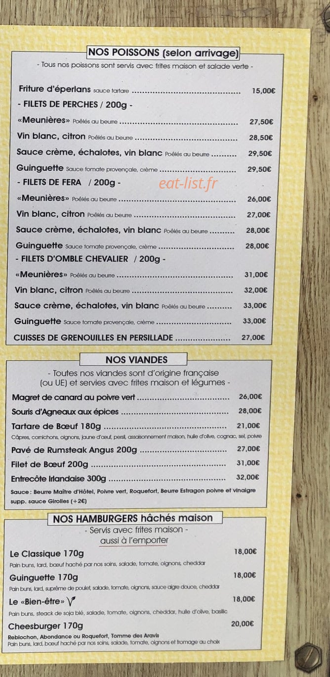 Carte et menu de La guinguette du port à Thonon les Bains — Les poissons, hamburgers …