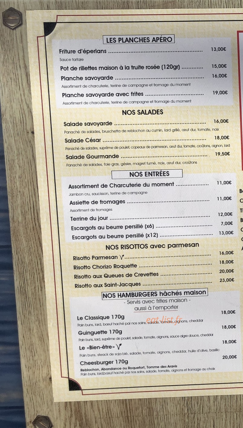 Carte et menu de La guinguette du port à Thonon les Bains — Les entrées, salades, …