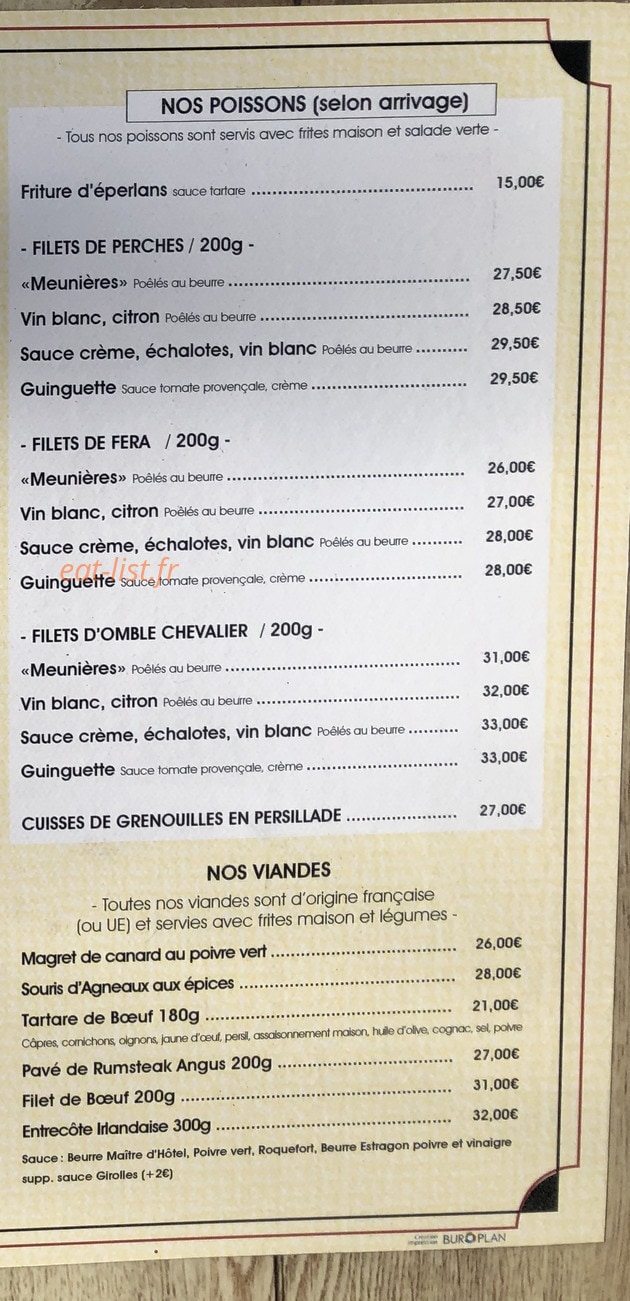 Carte et menu de La guinguette du port à Thonon les Bains — Les poissons et viandes