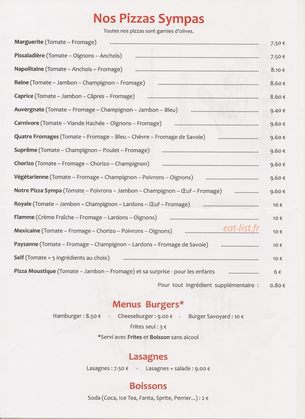 Pizza Sympa — carte page 1