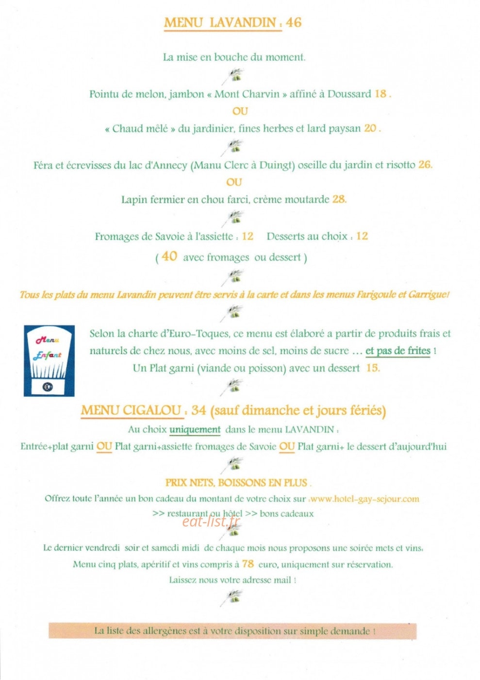 Carte et menu de Restaurant mistral gourmand à Faverges-Seythenex  — menu 46€