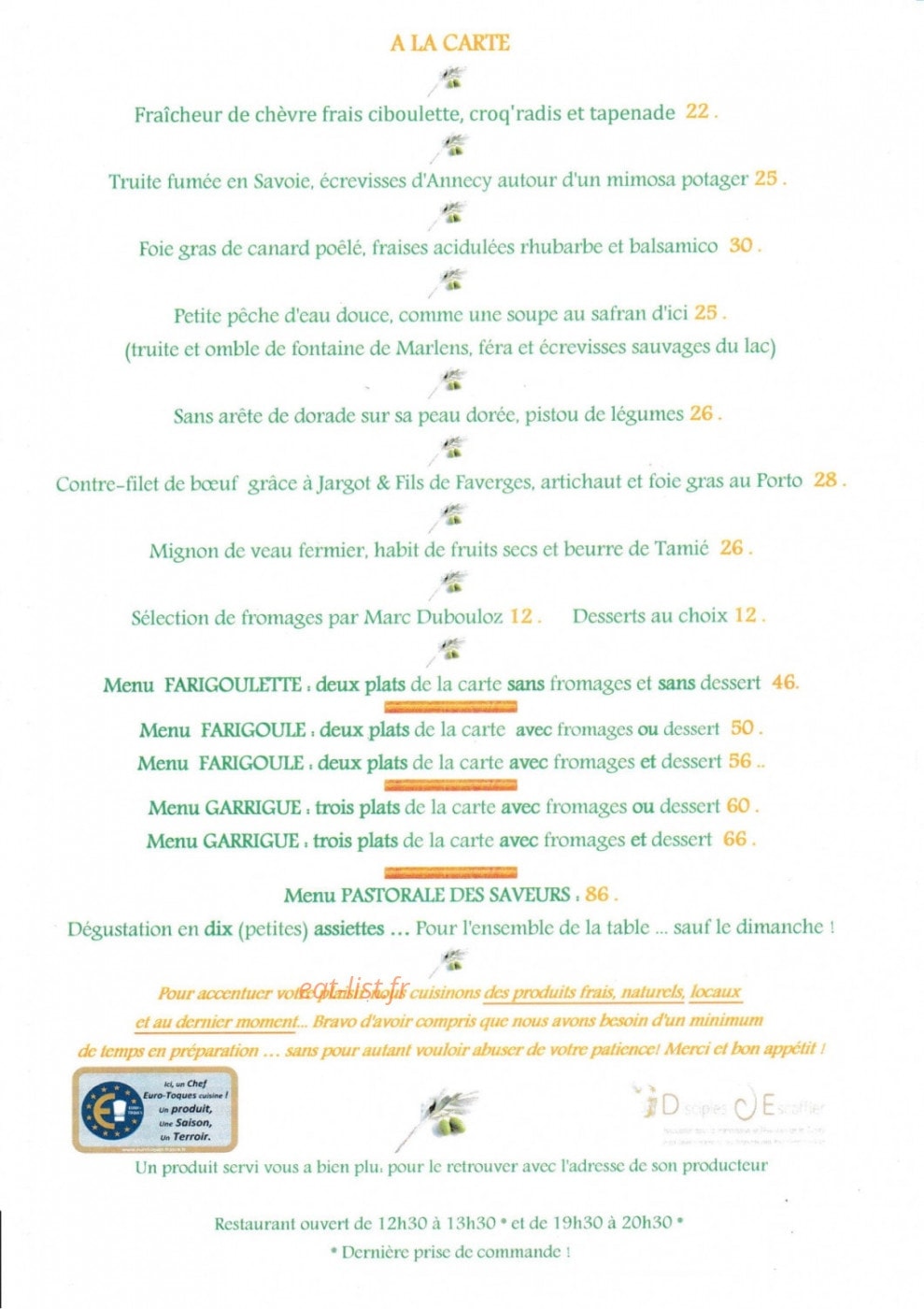 Carte et menu de Restaurant mistral gourmand à Faverges-Seythenex  — La carte