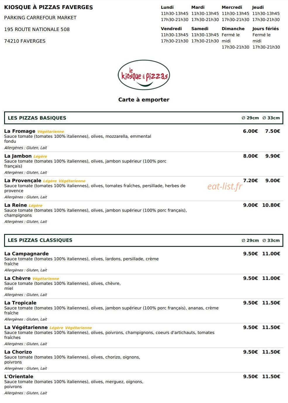 Le Kiosque à Pizzas — carte page 1