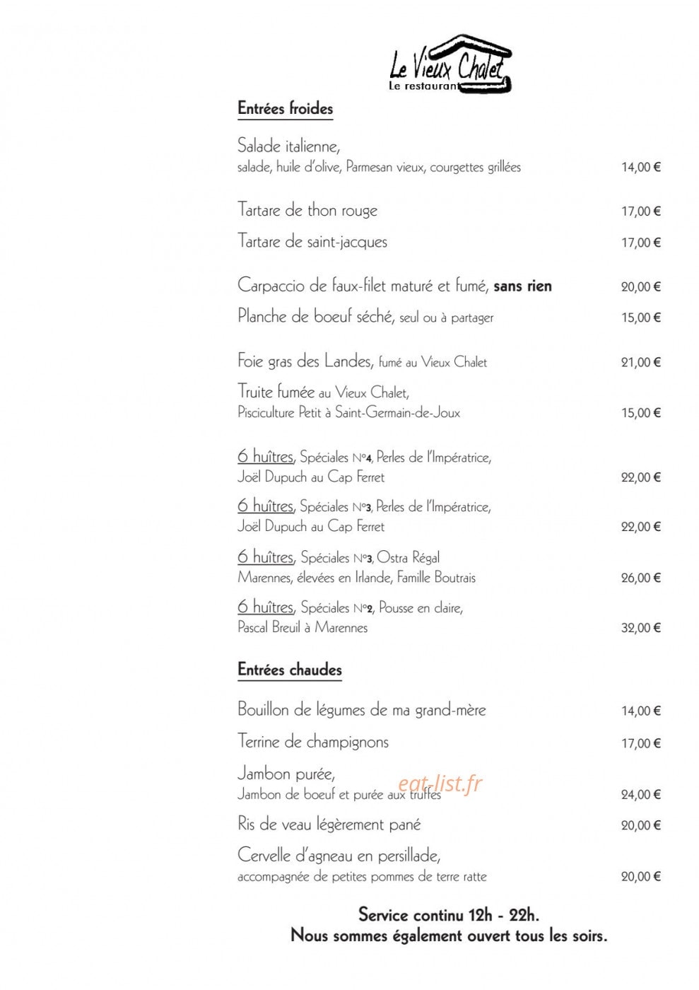 Le Vieux Chalet — carte page 1