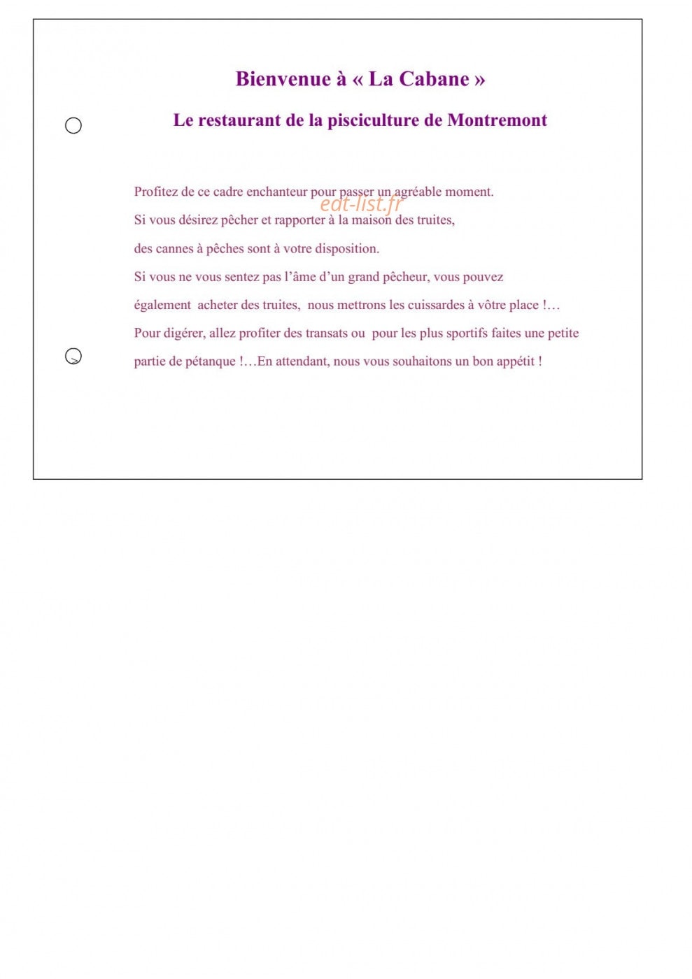 La Cabane — carte page 1