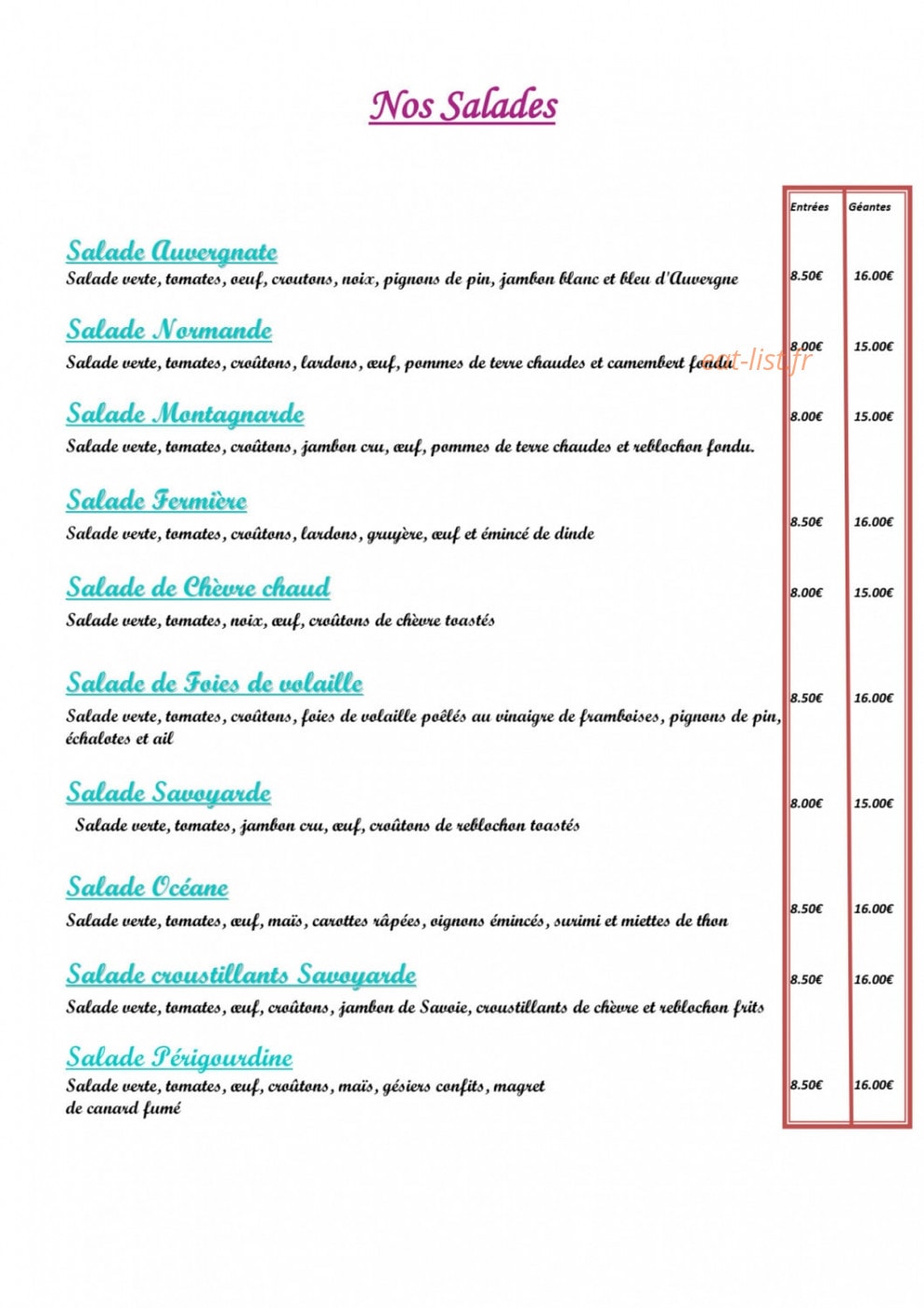 Carte et menu de Auberge du Pont de Bonlieu à Sallenoves — Les salades
