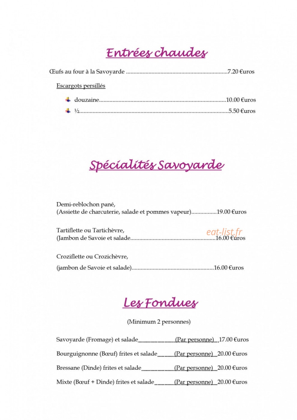 Carte et menu de Auberge du Pont de Bonlieu à Sallenoves — Les entrées chaudes, fondues, ...