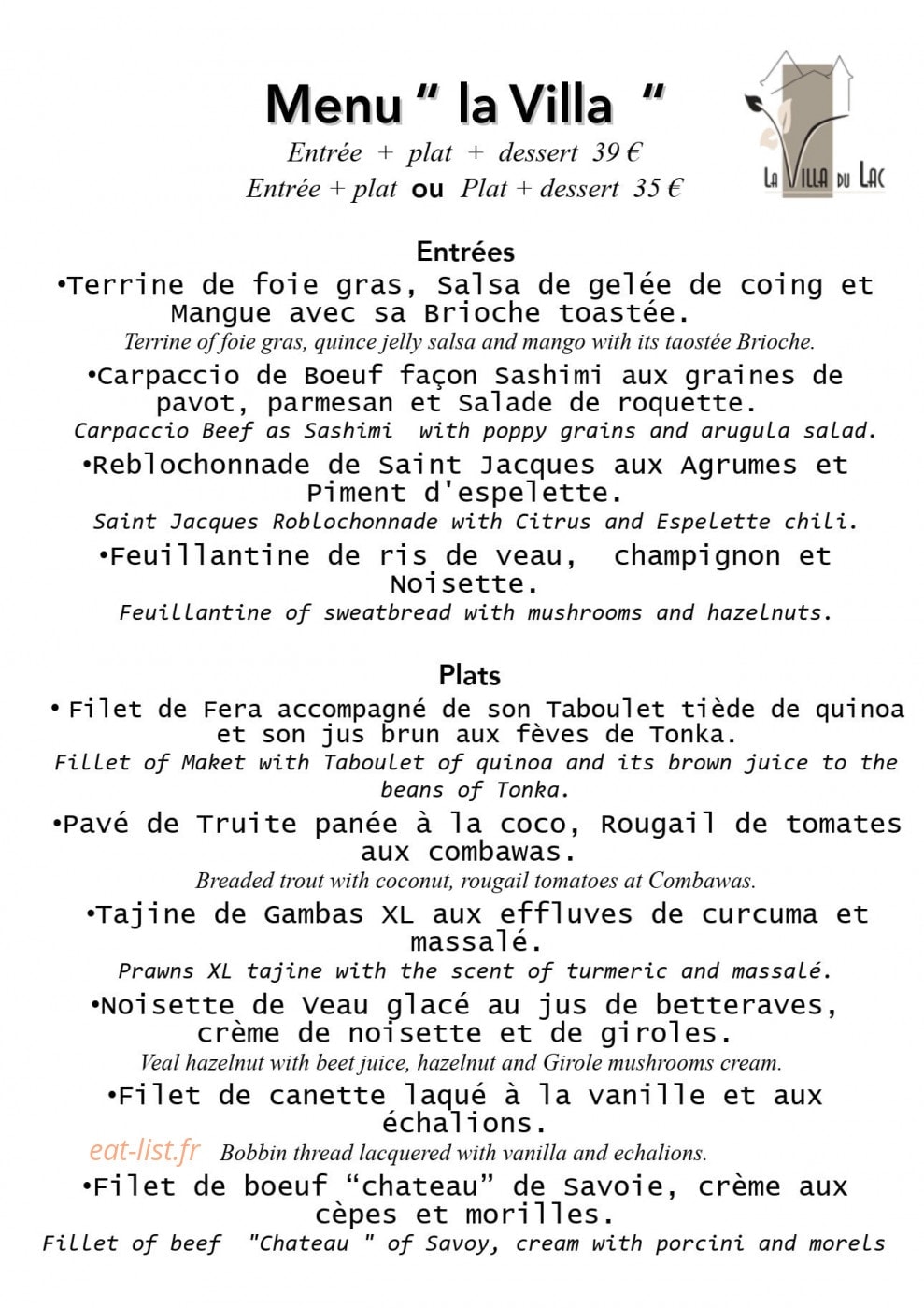La Villa du Lac — carte page 2