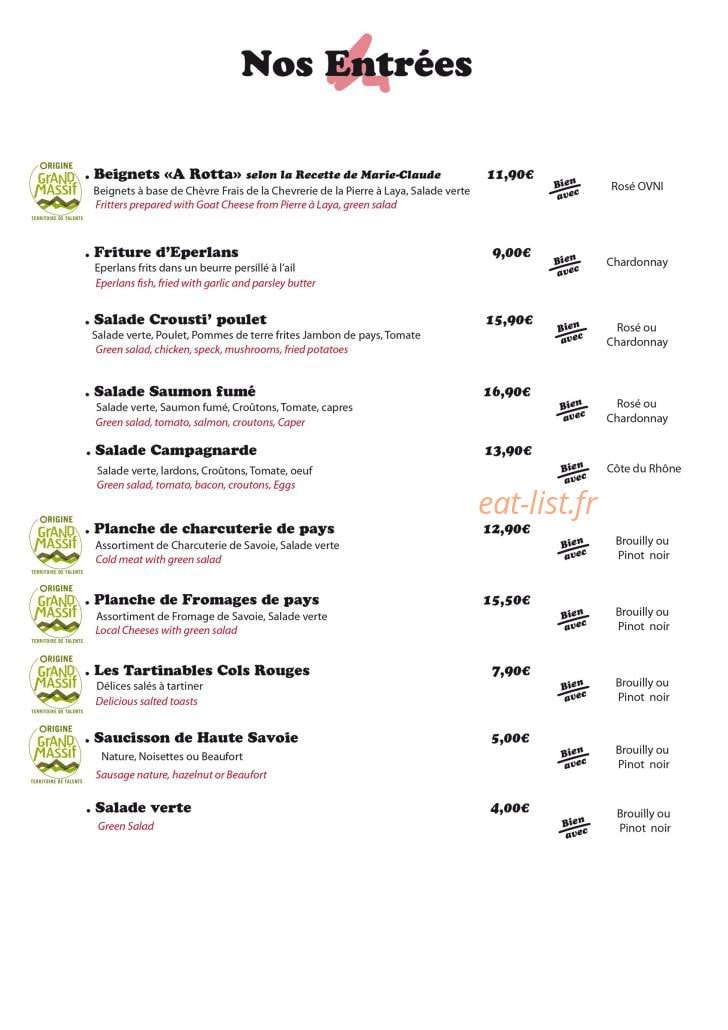 Carte et menu de Restaurant Le Tire-Fesses à Les Carroz d'Arraches — Les entrées