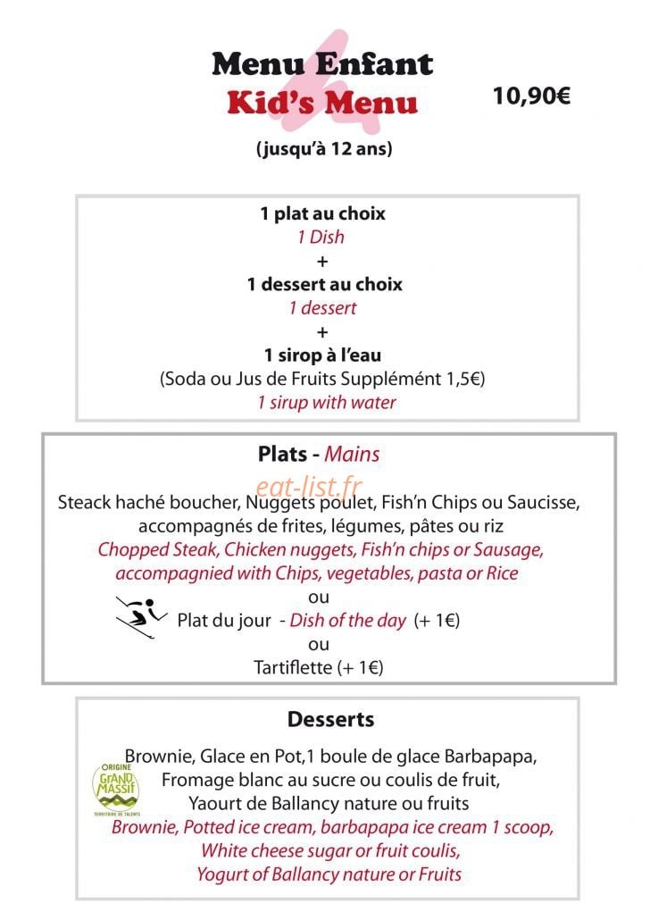 Carte et menu de Restaurant Le Tire-Fesses à Les Carroz d'Arraches — Le menu enfant