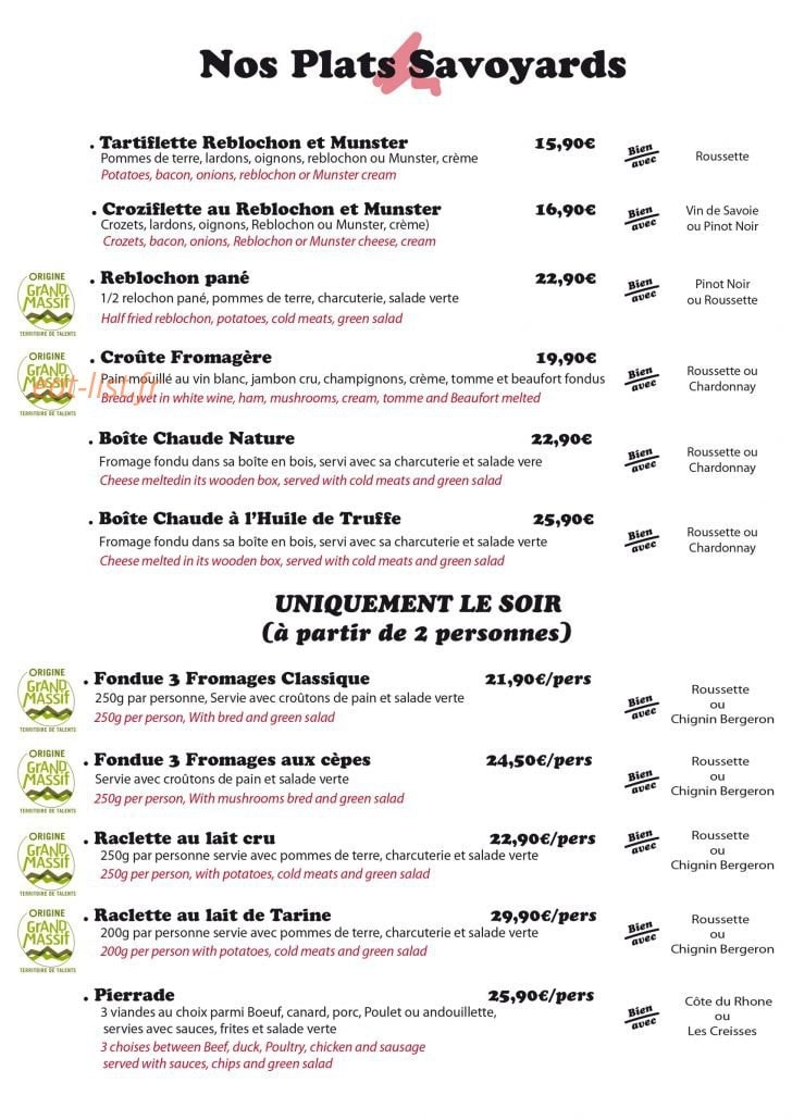 Carte et menu de Restaurant Le Tire-Fesses à Les Carroz d'Arraches — Les plats savoyards
