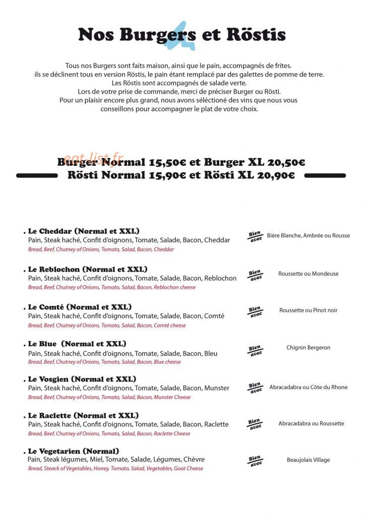 Carte et menu de Restaurant Le Tire-Fesses à Les Carroz d'Arraches — Les burgers et rostis