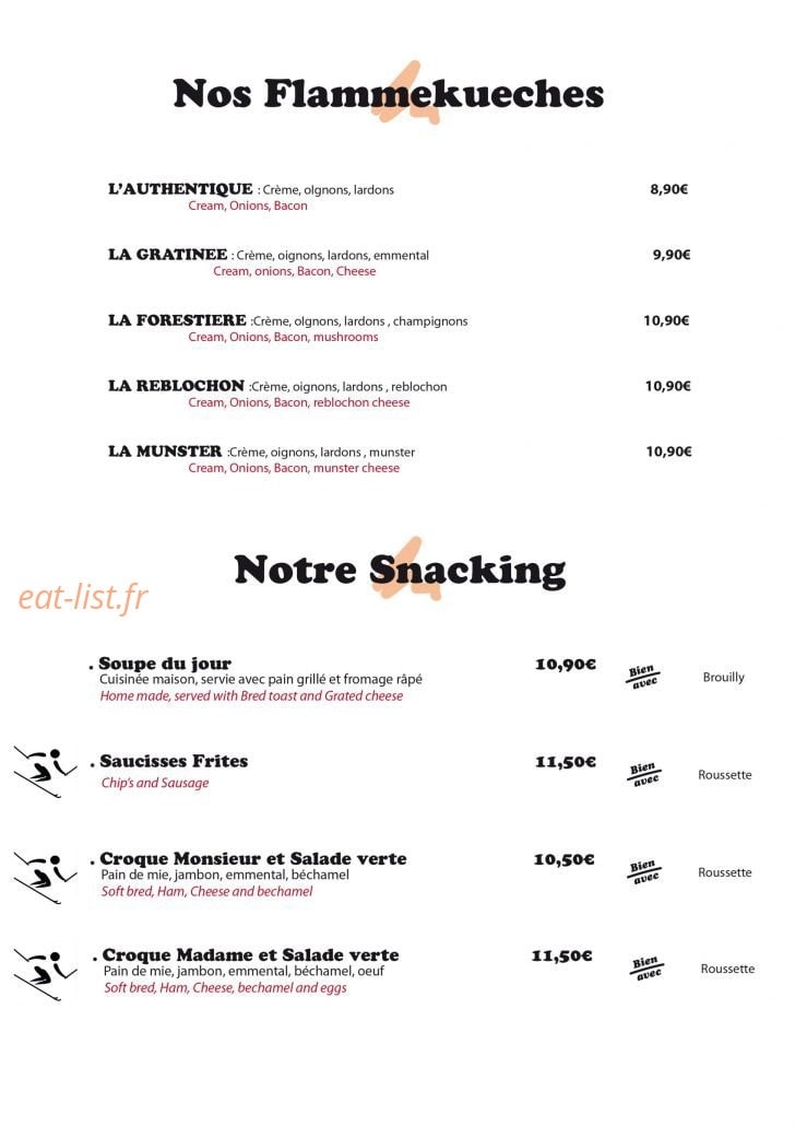 Carte et menu de Restaurant Le Tire-Fesses à Les Carroz d'Arraches — Les flammekueches et snacking