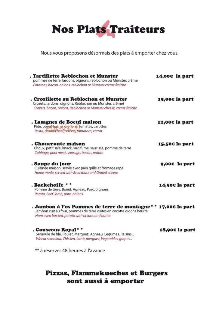 Carte et menu de Restaurant Le Tire-Fesses à Les Carroz d'Arraches — Les plats traiteurs