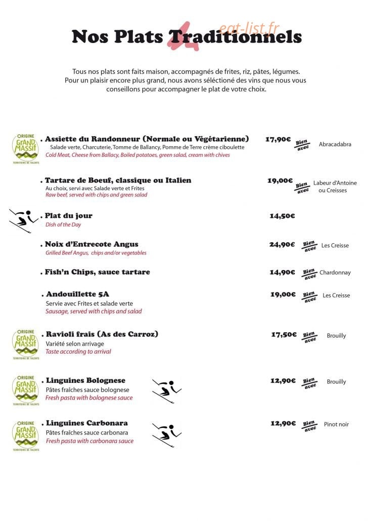 Carte et menu de Restaurant Le Tire-Fesses à Les Carroz d'Arraches — Les plats traditionnels