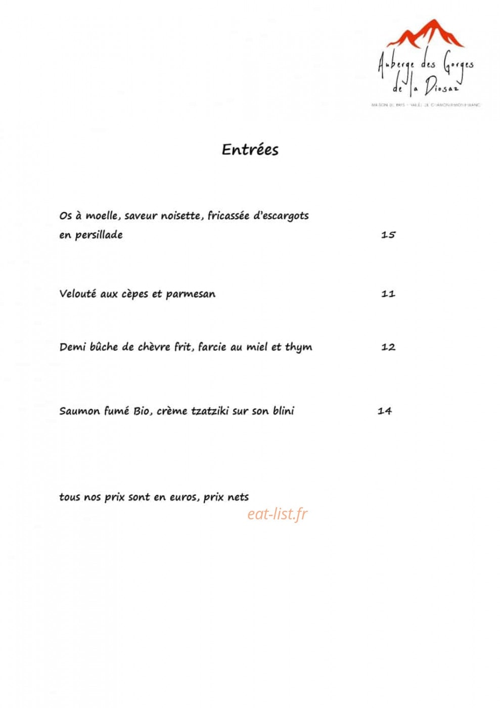 Auberge des Gorges de la Diosaz — carte page 1