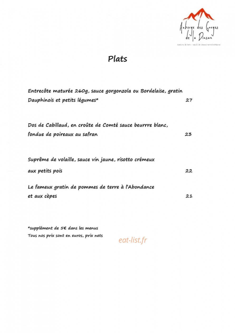 Auberge des Gorges de la Diosaz — carte page 2