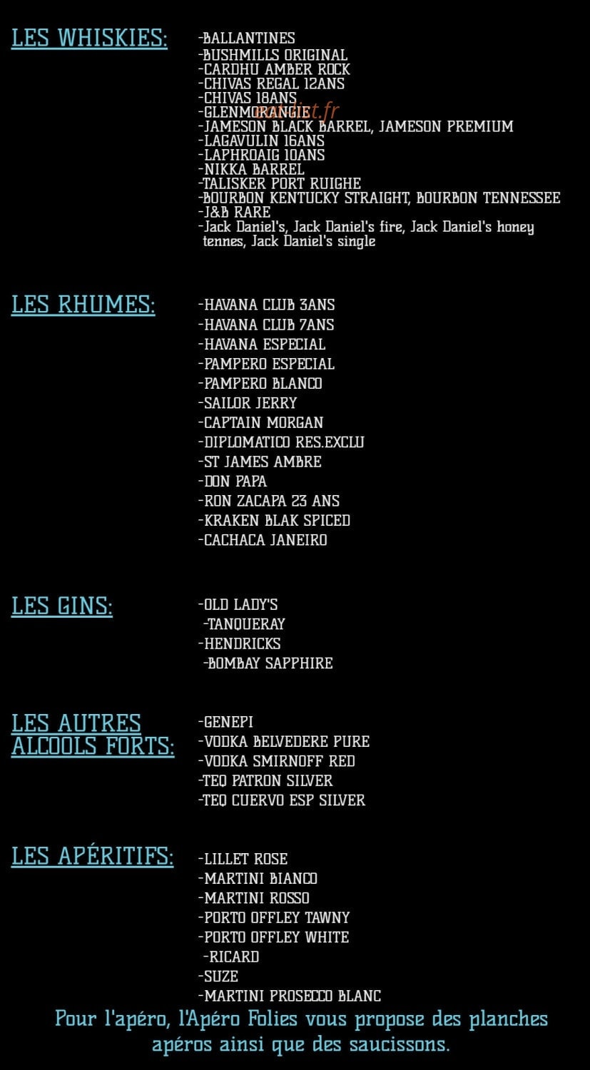 Carte et menu de L'Apéro Folies à Epagny Metz-Tessy — Les whiskies, rhums, gins...