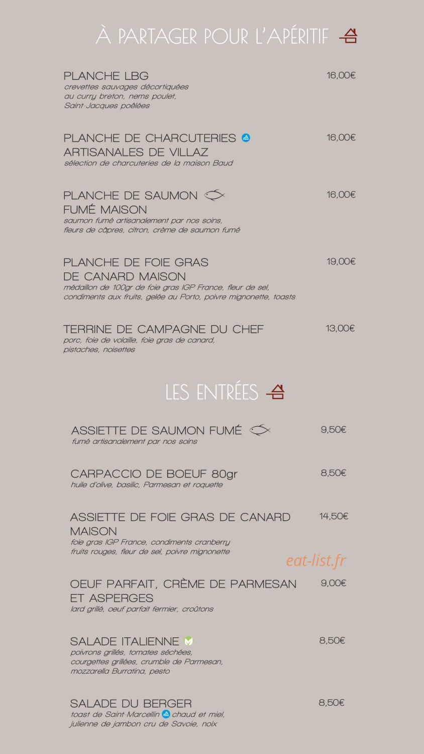 Carte et menu de La brasserie gourmande à Epagny Metz-Tessy — Les apéritifs, entrées