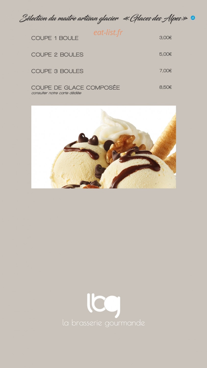 Carte et menu de La brasserie gourmande à Epagny Metz-Tessy — La sélection des glaces