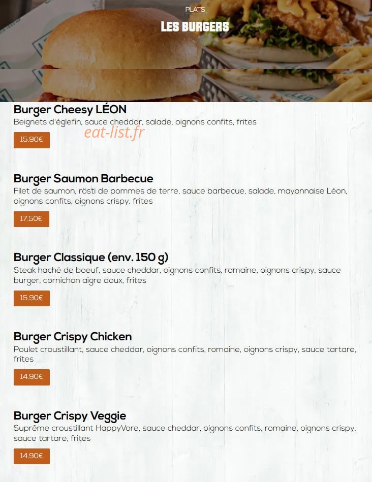 Carte et menu de Léon à Epagny Metz-Tessy — Les burgers