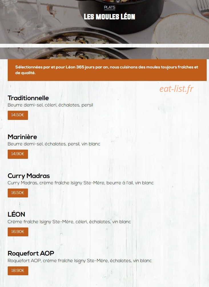 Carte et menu de Léon à Epagny Metz-Tessy — Les moules
