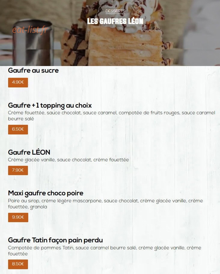 Carte et menu de Léon à Epagny Metz-Tessy — Les gaufres
