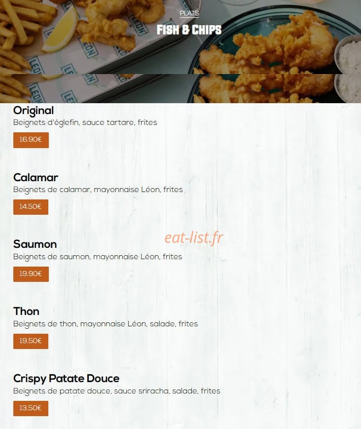 Carte et menu de Léon à Epagny Metz-Tessy — Fish et chips