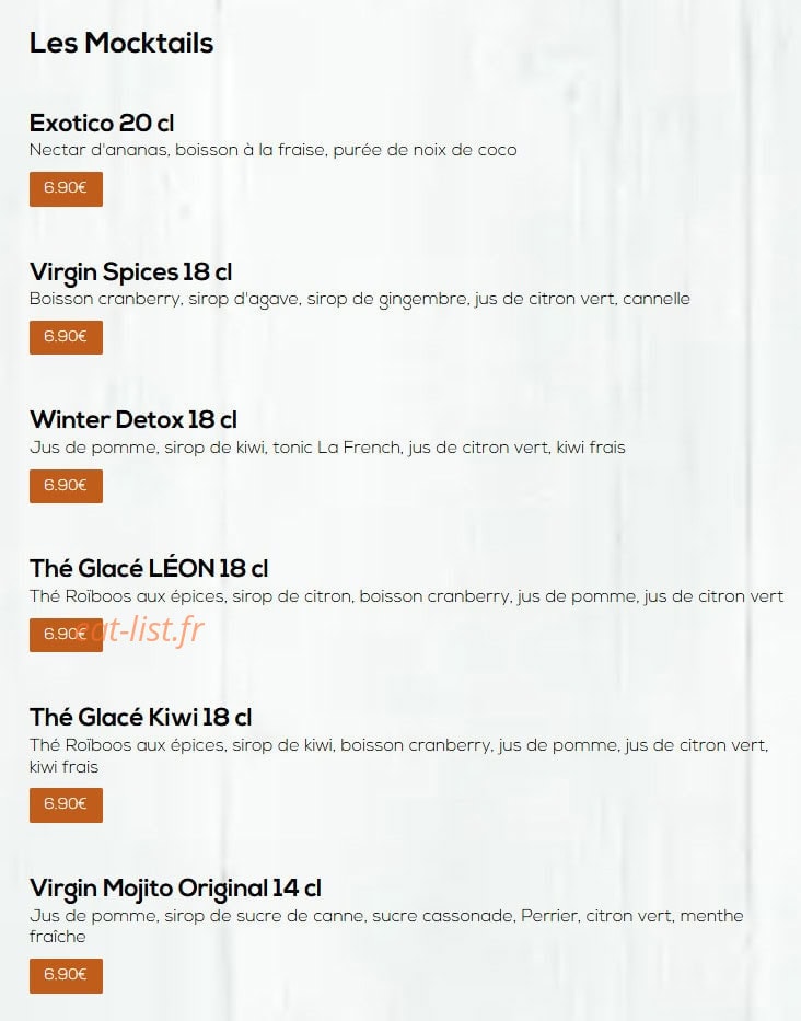 Carte et menu de Léon à Epagny Metz-Tessy — Les mocktails