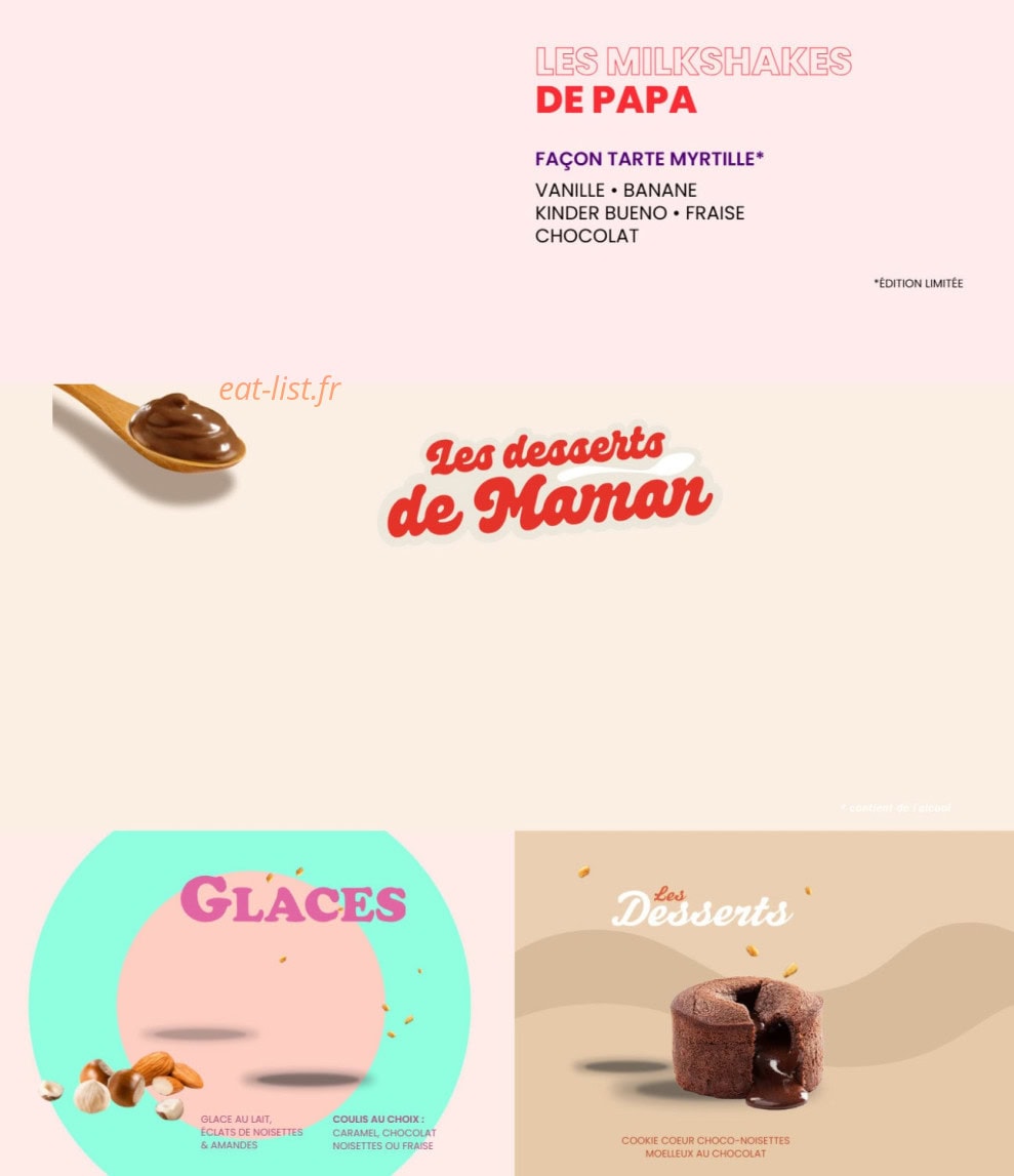 Carte et menu de Les Burgers de Papa à Epagny Metz-Tessy — Les milkshakes et desserts de maison
