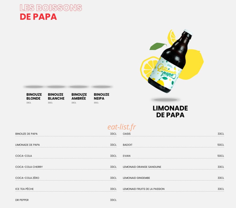 Carte et menu de Les Burgers de Papa à Epagny Metz-Tessy — Les boissons de papa