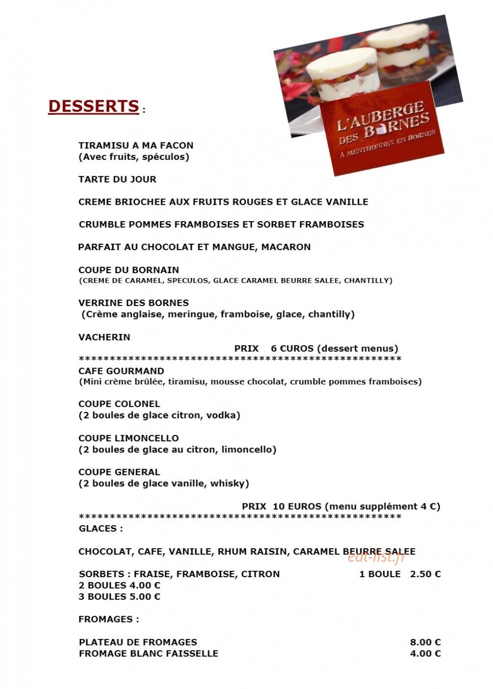 Carte et menu de Auberge des Bornes à Menthonnex en Bornes — Les desserts