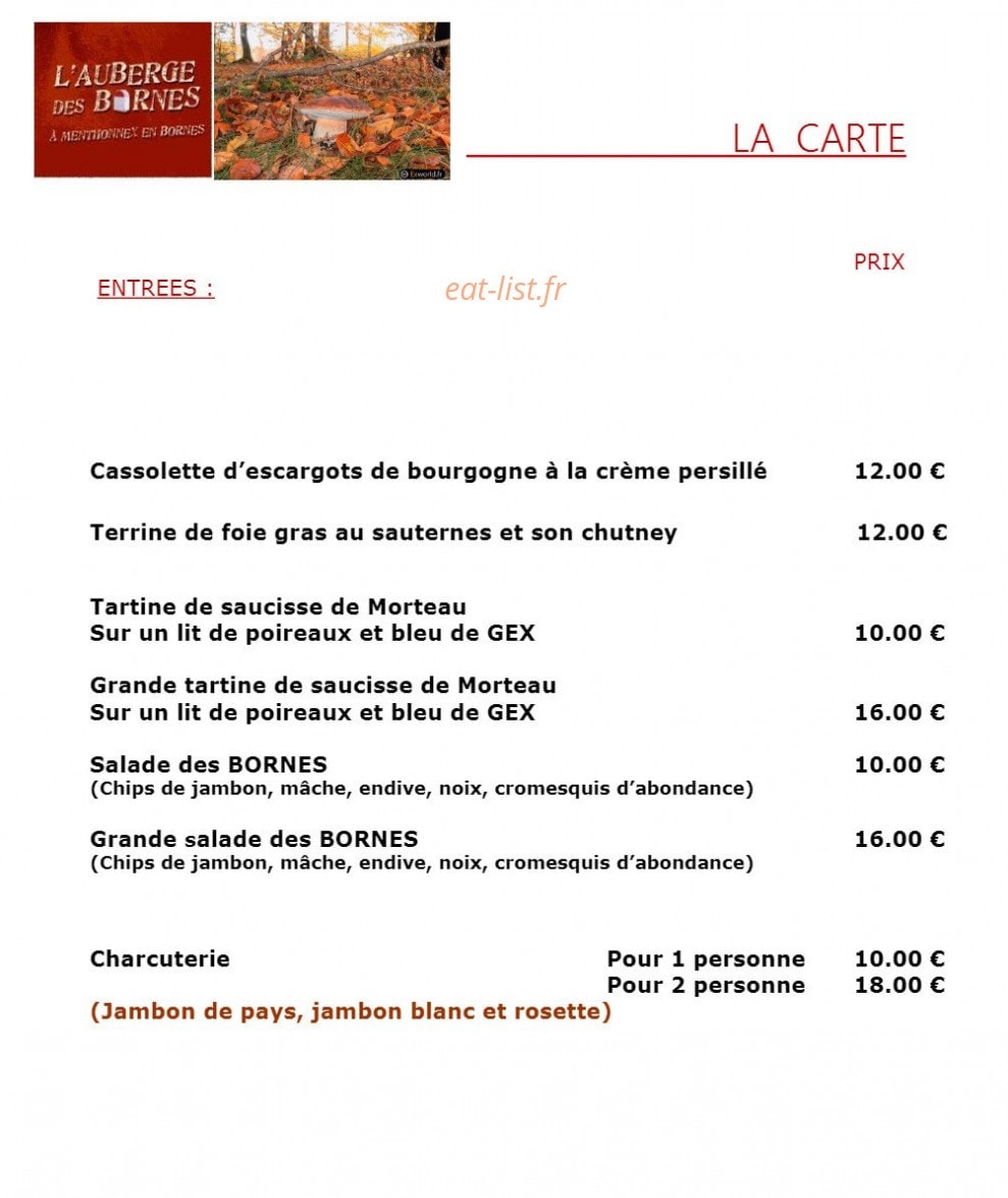 Carte et menu de Auberge des Bornes à Menthonnex en Bornes — La carte