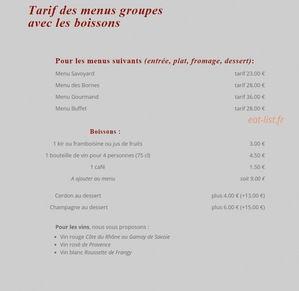 Carte et menu de Auberge des Bornes à Menthonnex en Bornes — Menu du groupe