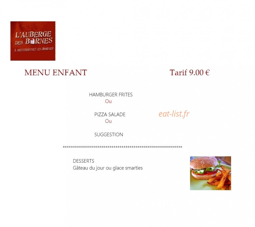 Carte et menu de Auberge des Bornes à Menthonnex en Bornes — Menu enfant