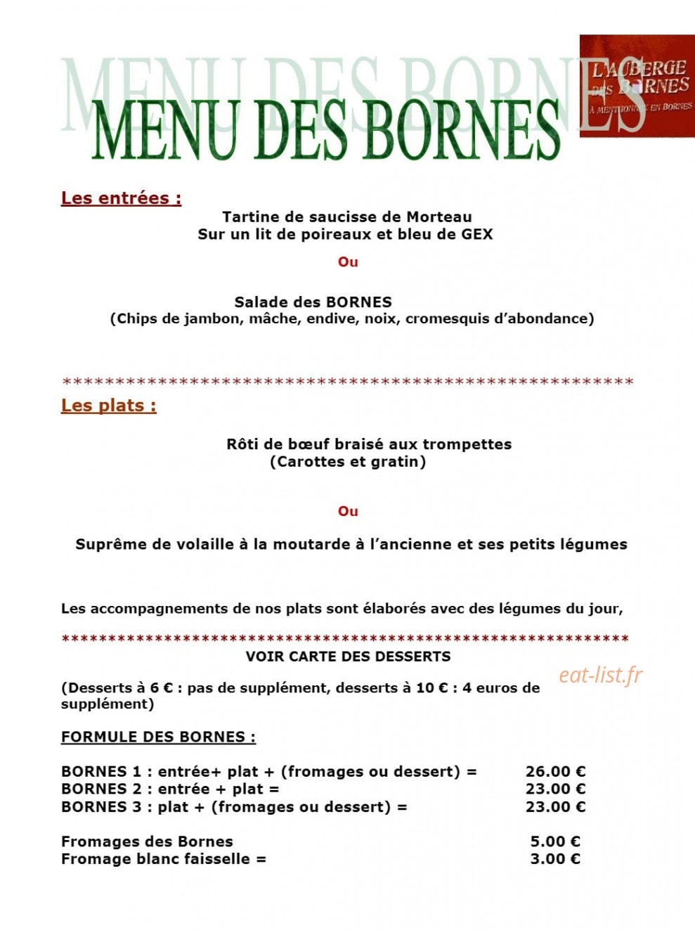 Carte et menu de Auberge des Bornes à Menthonnex en Bornes — Menu des bornes