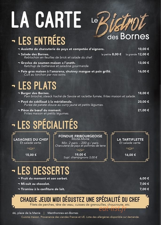 Carte et menu de Le Bistrot des Bornes à Menthonnex en Bornes — Les entrées, spécialités, plats,...