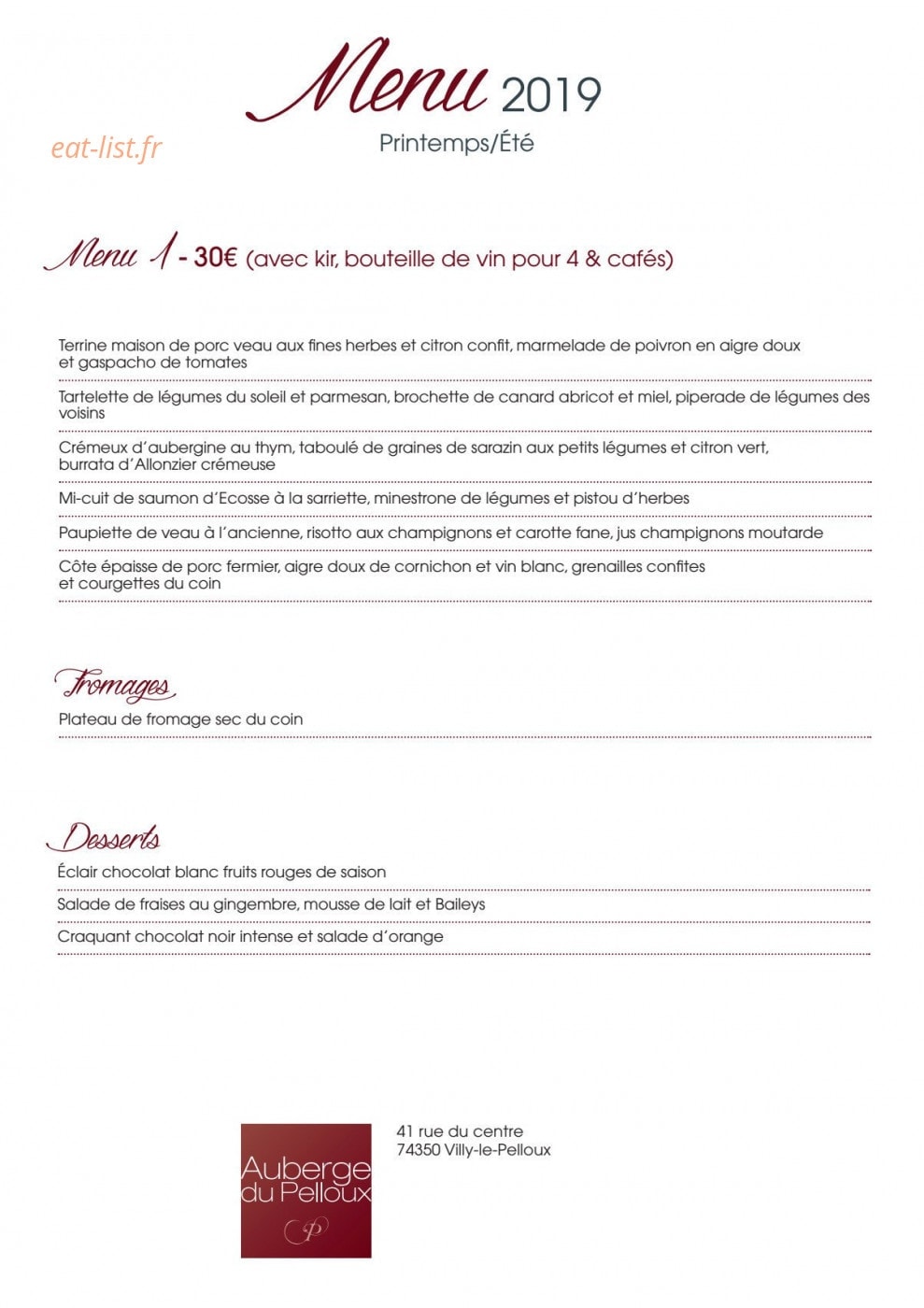 Auberge du pelloux — carte page 1