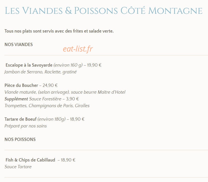 Carte et menu de La Taverne d'Ici et D'ailleurs à La Chapelle d'Abondance — Les viandes et poissons