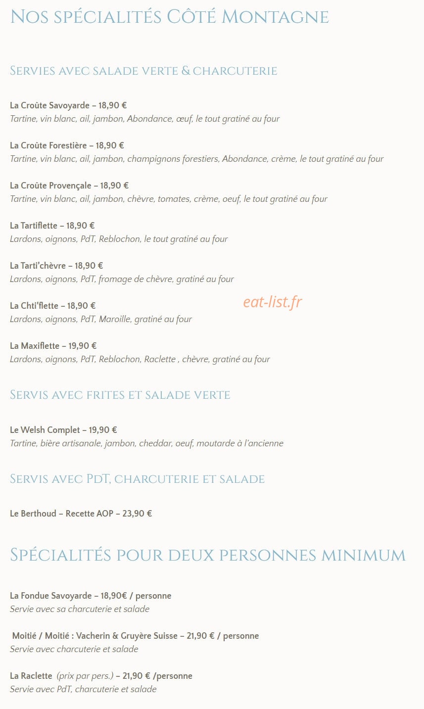 Carte et menu de La Taverne d'Ici et D'ailleurs à La Chapelle d'Abondance — Les spécialités
