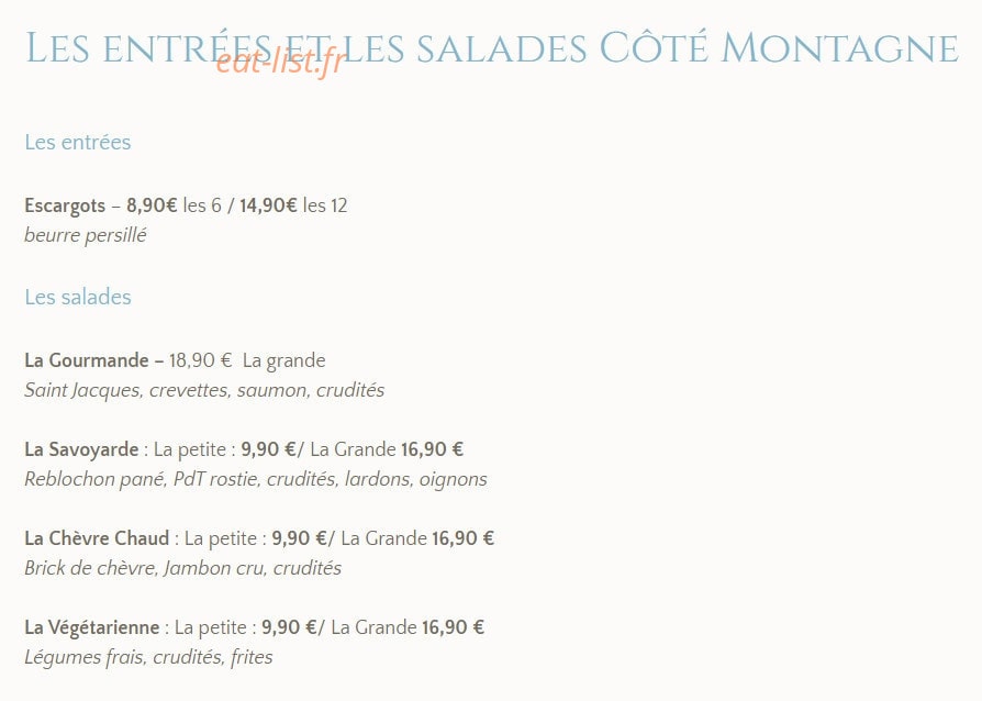 Carte et menu de La Taverne d'Ici et D'ailleurs à La Chapelle d'Abondance — Les entrées et salades