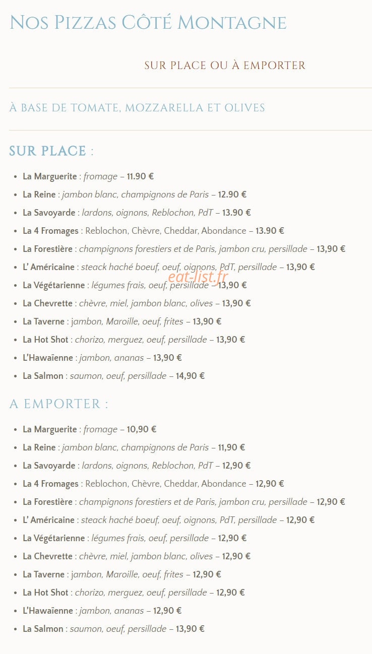 Carte et menu de La Taverne d'Ici et D'ailleurs à La Chapelle d'Abondance — Les pizzas