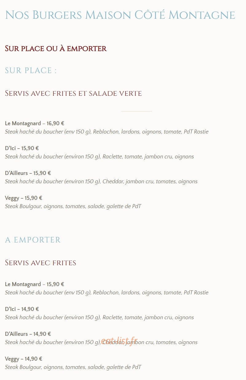 Carte et menu de La Taverne d'Ici et D'ailleurs à La Chapelle d'Abondance — Les burgers
