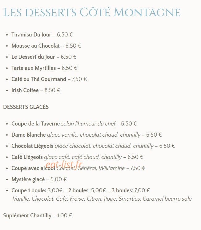 Carte et menu de La Taverne d'Ici et D'ailleurs à La Chapelle d'Abondance — Les desserts
