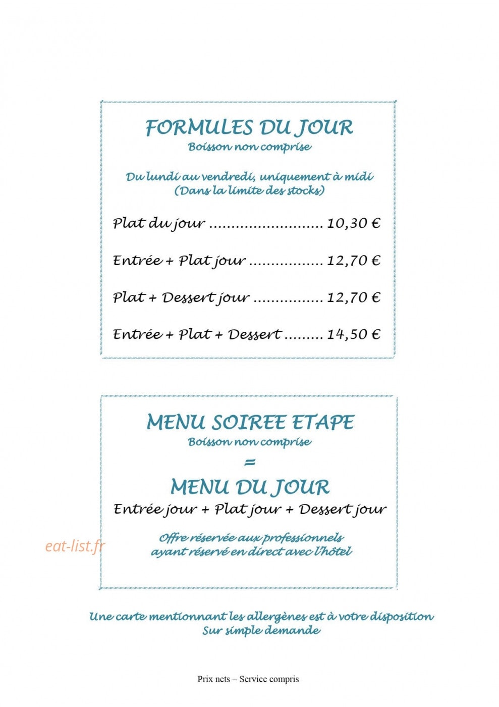Auberge d'Argonay — carte page 1