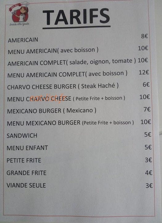 Le Snack d'la Yaute — carte page 1